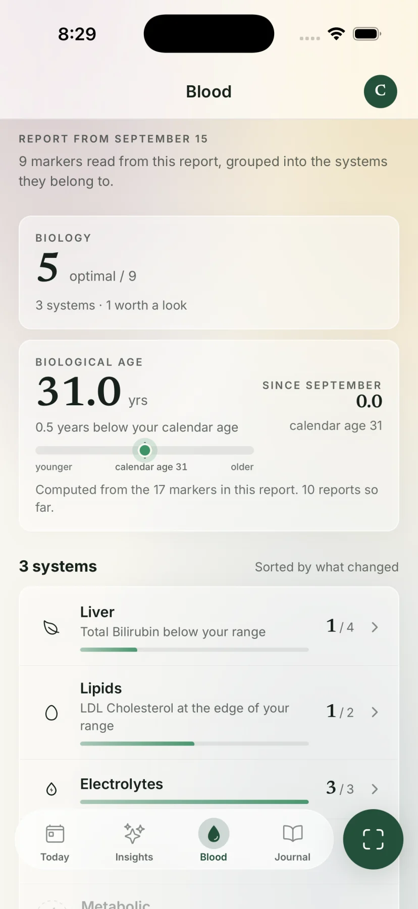 Merios blood screen showing a biological age of 31.0 years and three systems.