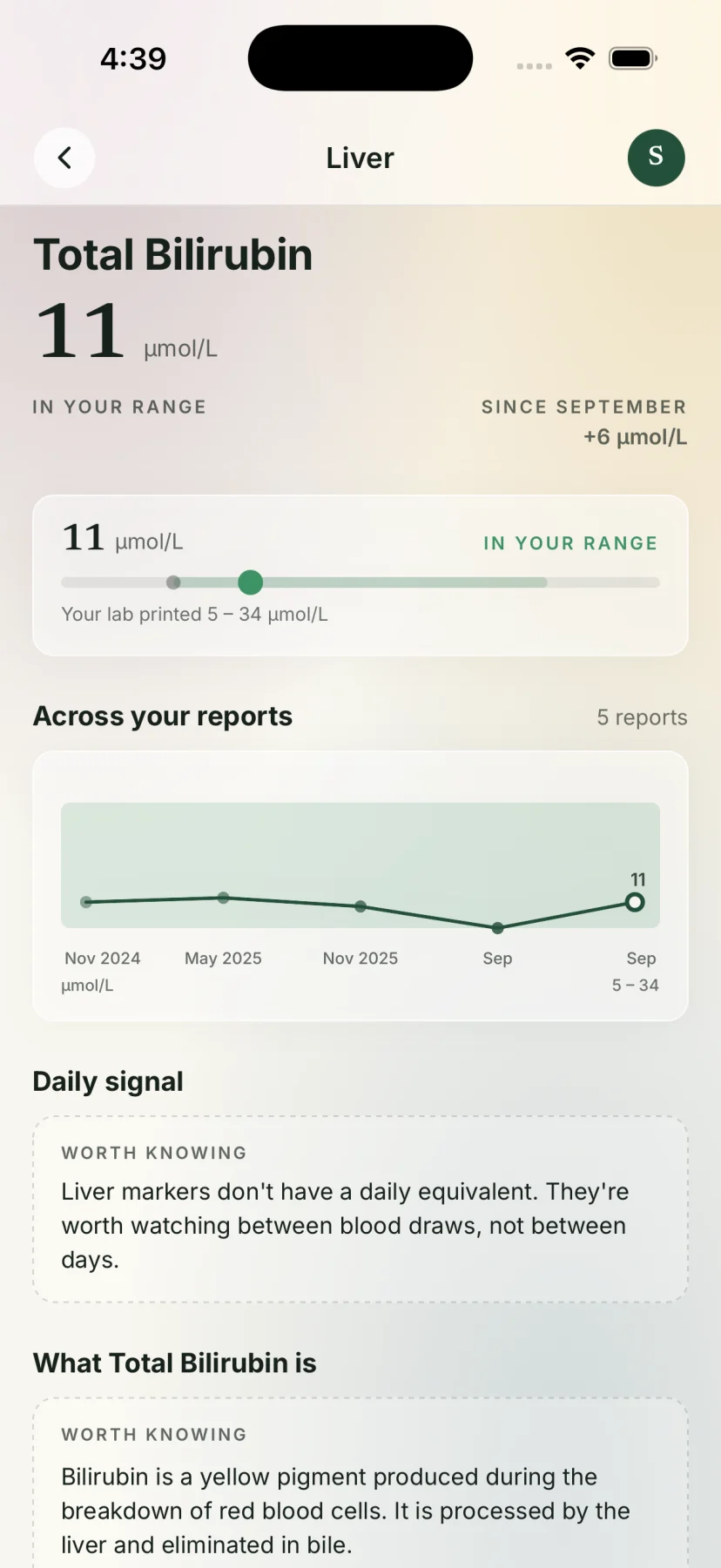 Merios marker screen for total bilirubin with its history across five reports.