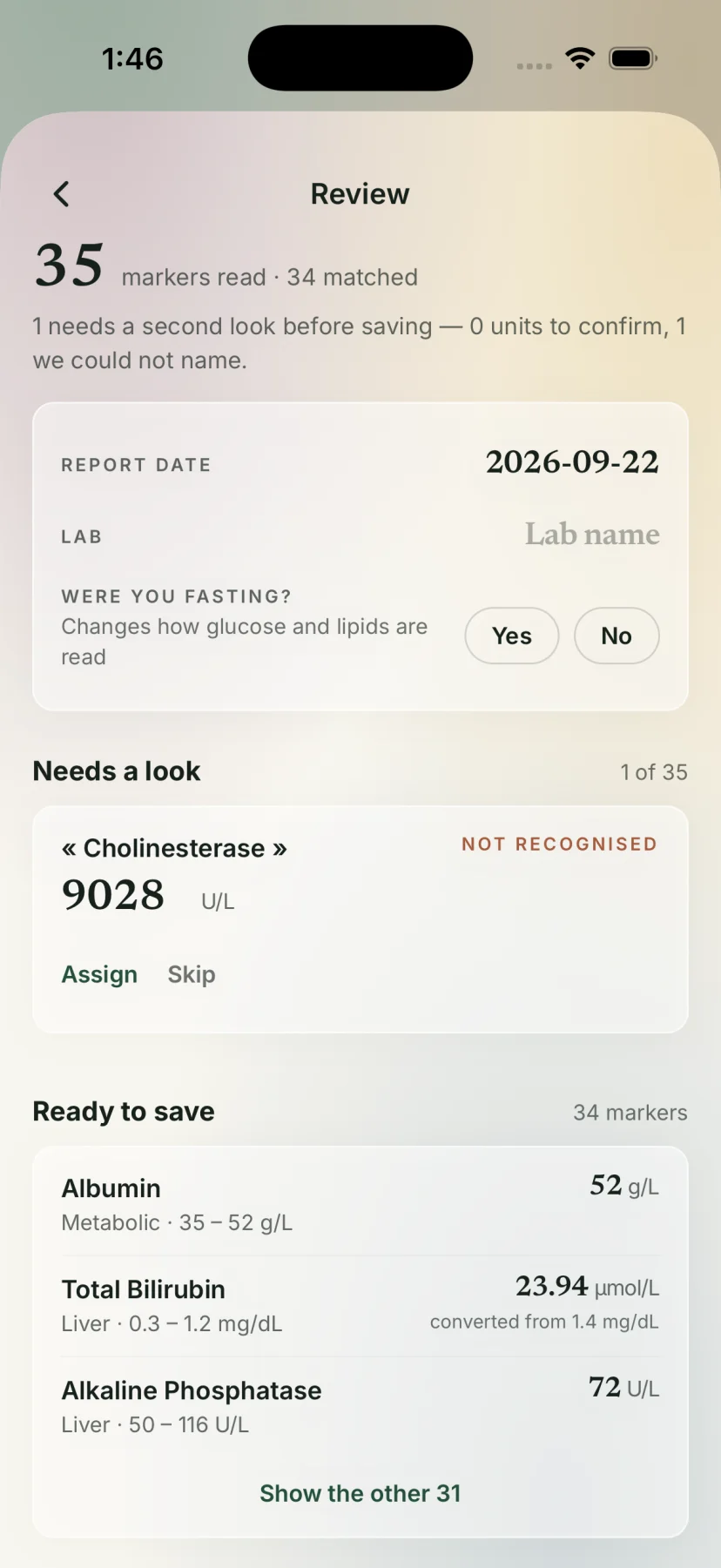 Merios review screen after a scan: 35 markers read, 34 matched.