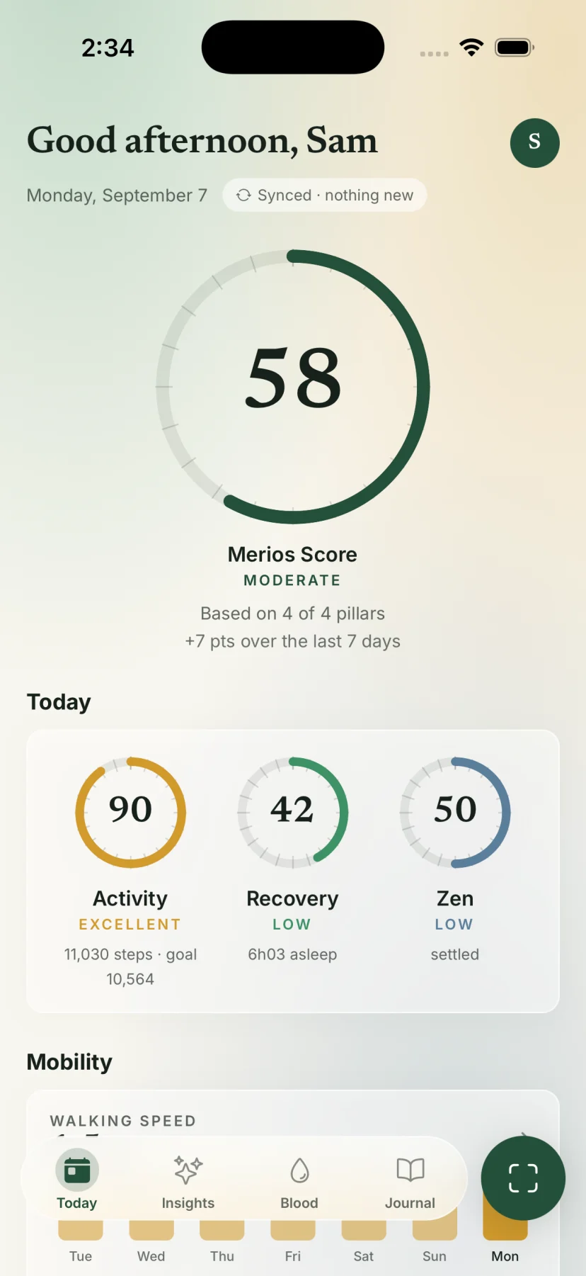 Merios Today screen: Merios Score 58, Activity 90, Recovery 42, Zen 50.