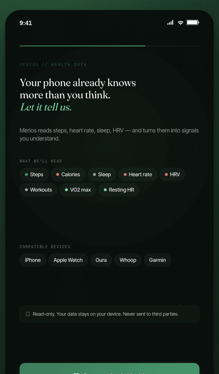 The Merios screen unifying Apple Health data with blood biomarkers into one health score